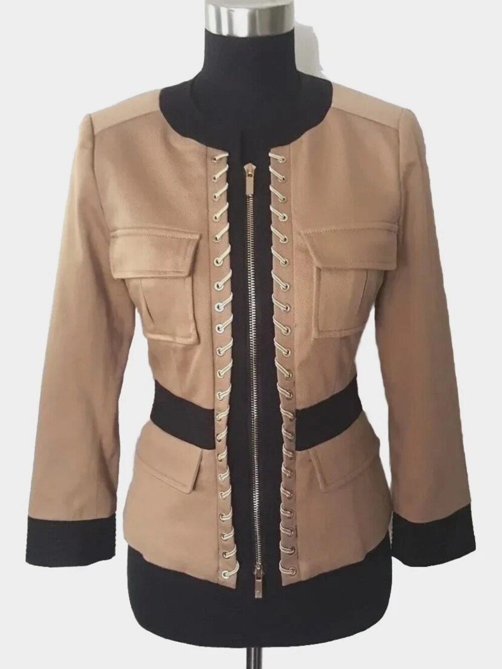 Etcetera Military Style Canvas Laced Paneled Blazer With Utility Pockets Tan